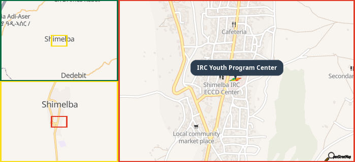 Map showing the address of IRC Youth Program Center in three different zoom levels.