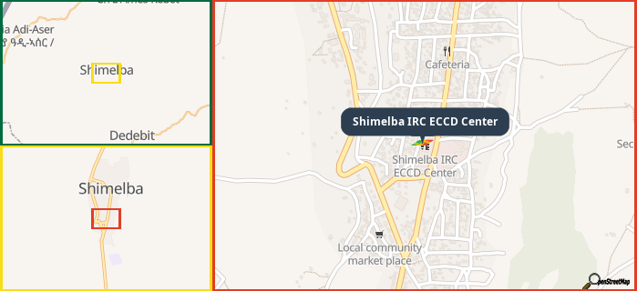 Map showing the address of Shimelba IRC ECCD Center in three different zoom levels.