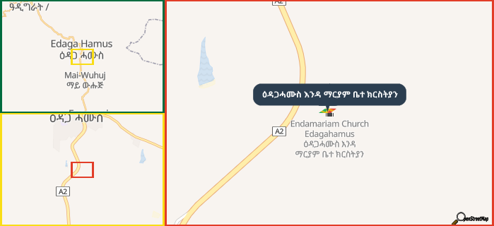 Map showing the address of ዕዳጋሓሙስ እንዳ ማርያም ቤተ ክርስትያን in three different zoom levels.