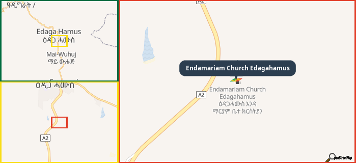 Map showing the address of Endamariam Church Edagahamus in three different zoom levels.