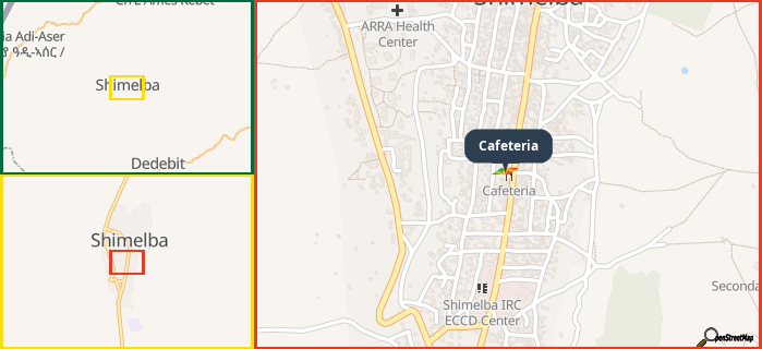 Map showing the address of Cafeteria in three different zoom levels.