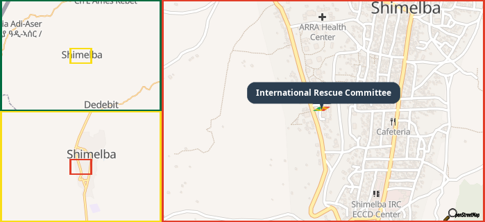 Map showing the address of International Rescue Committee in three different zoom levels.