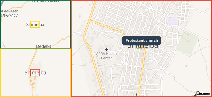 Map showing the address of Protestant church in three different zoom levels.