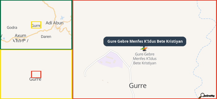 Map showing the address of Gure Gebre Menfes K'Idus Bete Kristiyan in three different zoom levels.