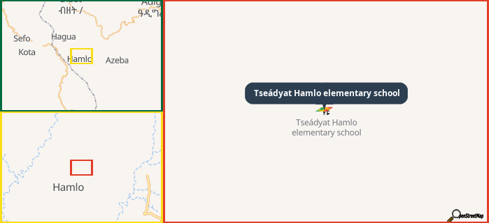 Map showing the address of Tseádyat Hamlo elementary school in three different zoom levels.