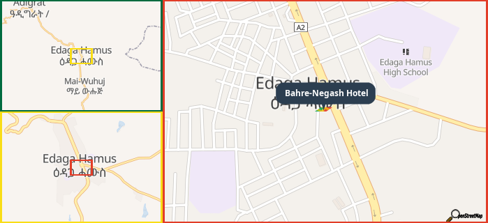 Map showing the address of Bahre-Negash Hotel in three different zoom levels.