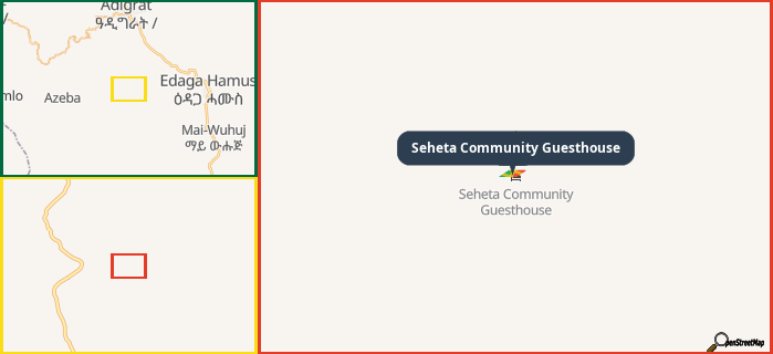 Map showing the address of Seheta Community Guesthouse in three different zoom levels.