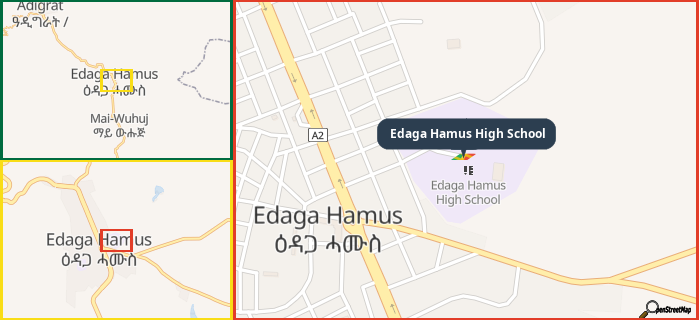 Map showing the address of Edaga Hamus High School in three different zoom levels.