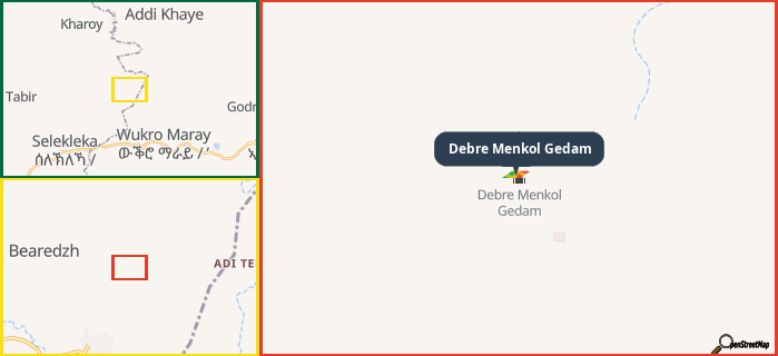 Map showing the address of Debre Menkol Gedam in three different zoom levels.