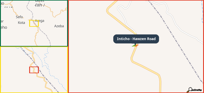 Map showing the address of Inticho - Hawzen Road in three different zoom levels.