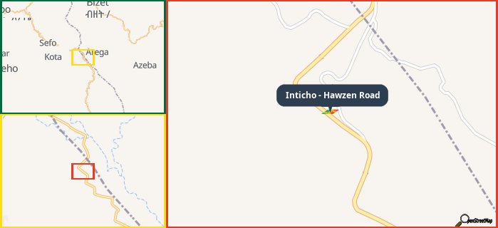 Map showing the address of Inticho - Hawzen Road in three different zoom levels.