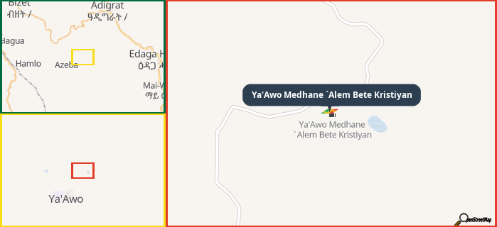 Map showing the address of Ya'Awo Medhane `Alem Bete Kristiyan in three different zoom levels.