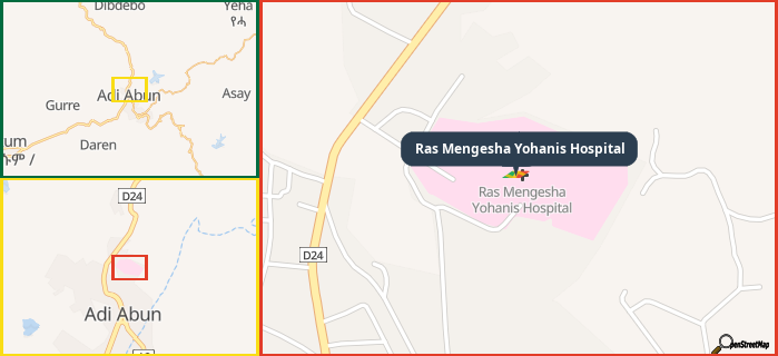 Map showing the address of Ras Mengesha Yohanis Hospital in three different zoom levels.