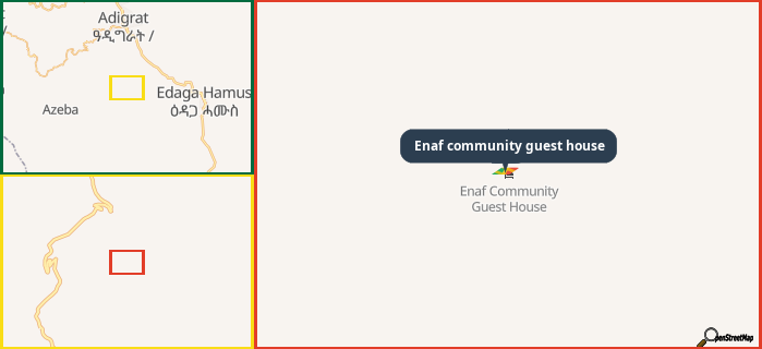 Map showing the address of Enaf community guest house in three different zoom levels.