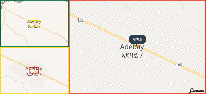 Map showing the address of ኣደባይ in three different zoom levels.