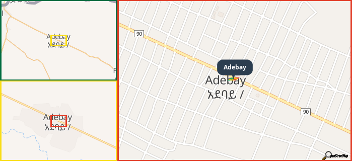 Map showing the address of Adebay in three different zoom levels.