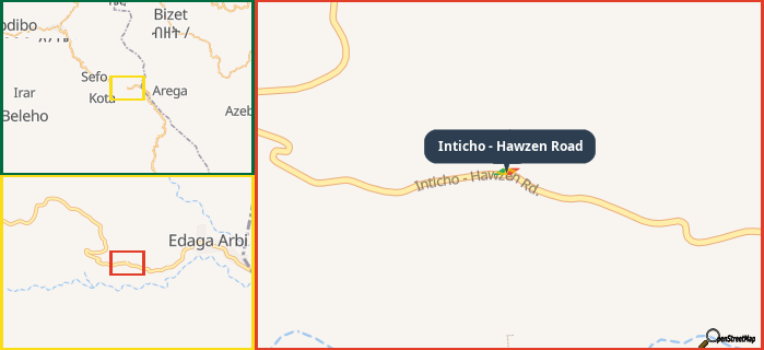 Map showing the address of Inticho - Hawzen Road in three different zoom levels.