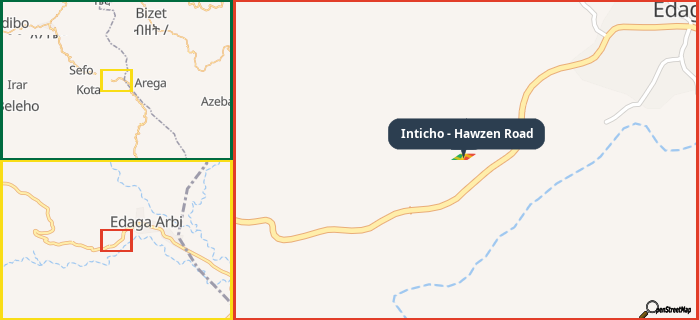 Map showing the address of Inticho - Hawzen Road in three different zoom levels.