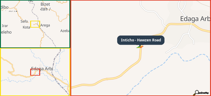 Map showing the address of Inticho - Hawzen Road in three different zoom levels.