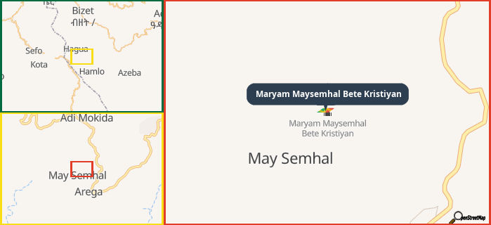Map showing the address of Maryam Maysemhal Bete Kristiyan in three different zoom levels.