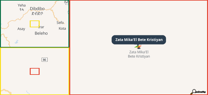 Map showing the address of Zata Mika'El Bete Kristiyan in three different zoom levels.