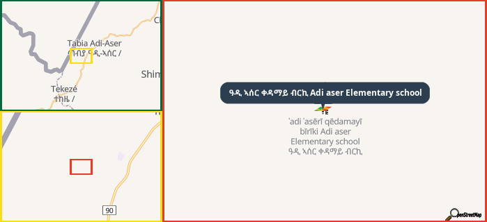Map showing the address of ዓዲ ኣሰር ቀዳማይ ብርኪ Adi aser Elementary school in three different zoom levels.