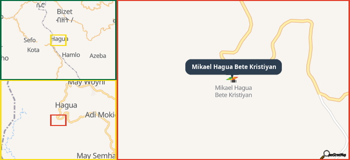 Map showing the address of Mikael Hagua Bete Kristiyan in three different zoom levels.