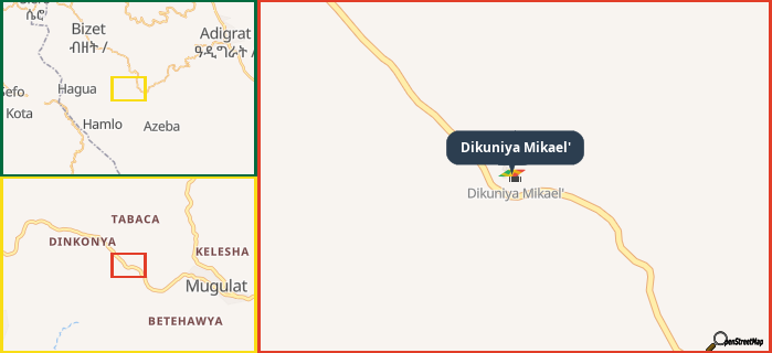 Map showing the address of Dikuniya Mikael' in three different zoom levels.