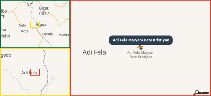Map showing the address of Adi Fela Maryam Bete Kristiyan in three different zoom levels.