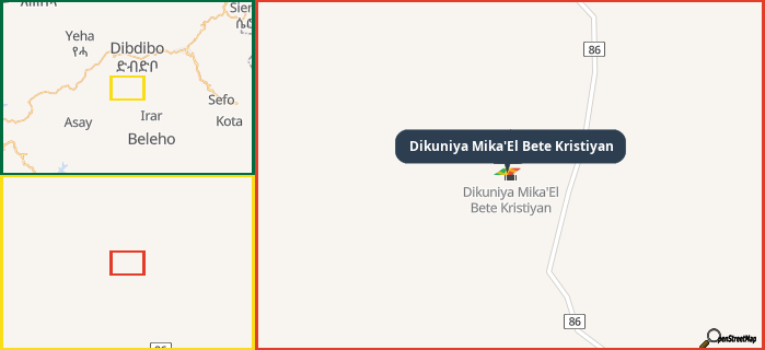 Map showing the address of Dikuniya Mika'El Bete Kristiyan in three different zoom levels.