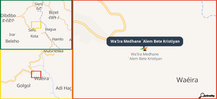 Map showing the address of Wa'Ira Medhane `Alem Bete Kristiyan in three different zoom levels.