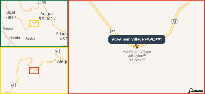 Map showing the address of Adi-Ainom Village ዓዲ-ዓይኖም in three different zoom levels.