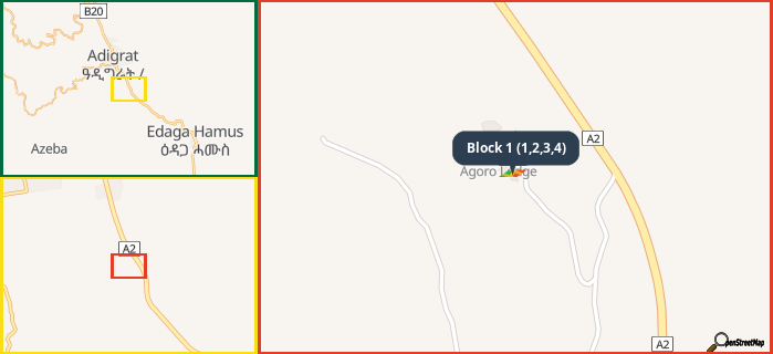 Map showing the address of Block 1 (1,2,3,4) in three different zoom levels.