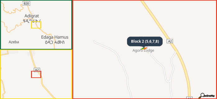 Map showing the address of Block 2 (5,6,7,8) in three different zoom levels.