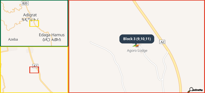 Map showing the address of Block 3 (9,10,11) in three different zoom levels.