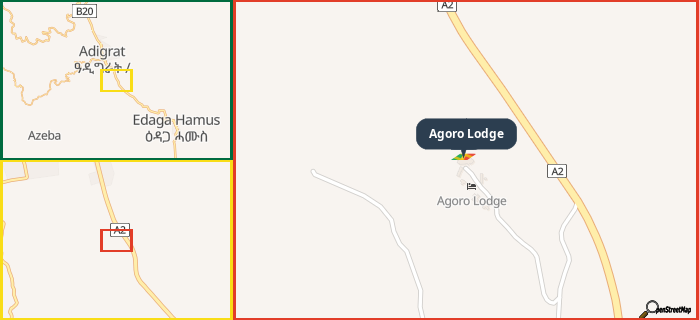 Map showing the address of Agoro Lodge in three different zoom levels.