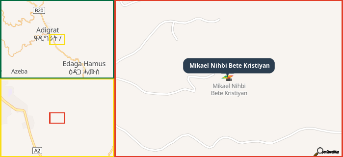 Map showing the address of Mikael Nihbi Bete Kristiyan in three different zoom levels.