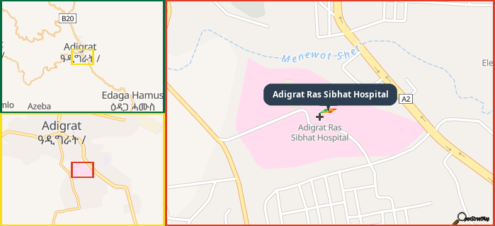 Map showing the address of Adigrat Ras Sibhat Hospital in three different zoom levels.