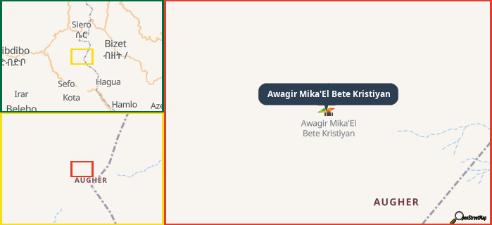 Map showing the address of Awagir Mika'El Bete Kristiyan in three different zoom levels.