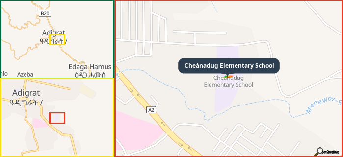 Map showing the address of Cheánadug Elementary School in three different zoom levels.