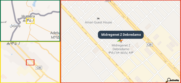 Map showing the address of Midregenet Z Debredamo in three different zoom levels.