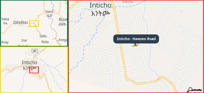 Map showing the address of Inticho - Hawzen Road in three different zoom levels.