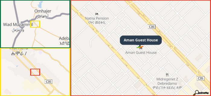 Map showing the address of Aman Guest House in three different zoom levels.