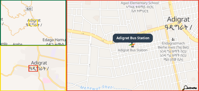 Map showing the address of Adigrat Bus Station in three different zoom levels.