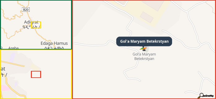 Map showing the address of Gol'a Maryam Betekrstyan in three different zoom levels.