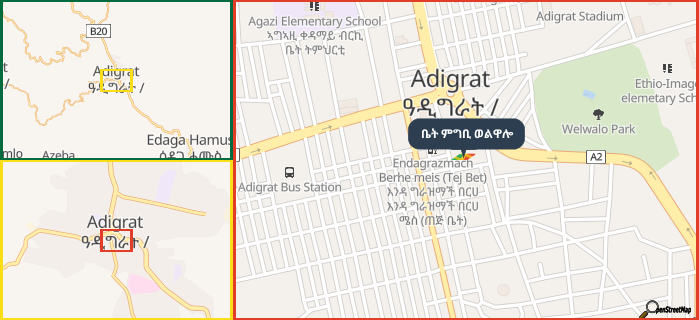 Map showing the address of ቤት ምግቢ ወልዋሎ in three different zoom levels.