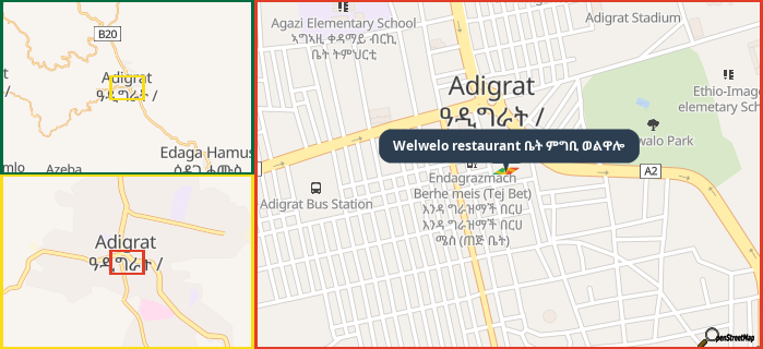 Map showing the address of Welwelo restaurant ቤት ምግቢ ወልዋሎ in three different zoom levels.