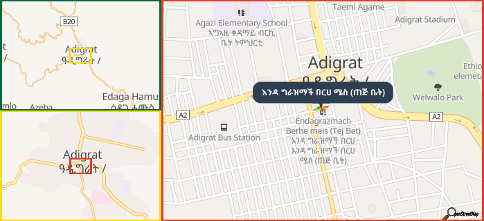 Map showing the address of እንዳ ግራዝማች በርሀ ሜስ (ጠጅ ቤት) in three different zoom levels.
