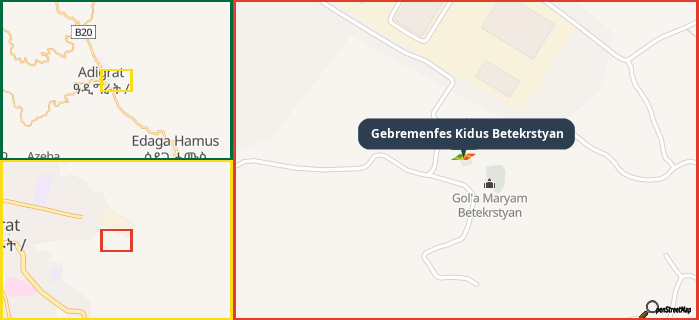 Map showing the address of Gebremenfes Kidus Betekrstyan in three different zoom levels.
