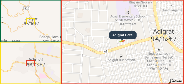 Map showing the address of Adigrat Hotel in three different zoom levels.